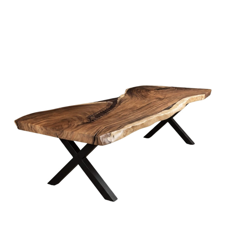 Front view of Gunung suar dining table highlighting its live-edge top and black metal legs.