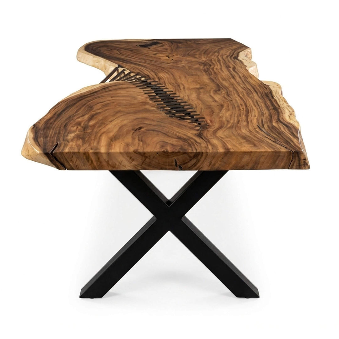 Side view of the suar wood tabletop showing its organic shape and natural contours.