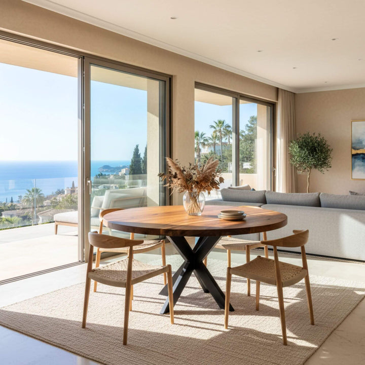 Bright dining room featuring the Gunung suar dining table overlooking the sea.