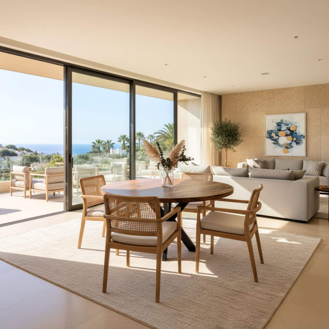 Bright dining room featuring the Gunung suar dining table overlooking the sea.
