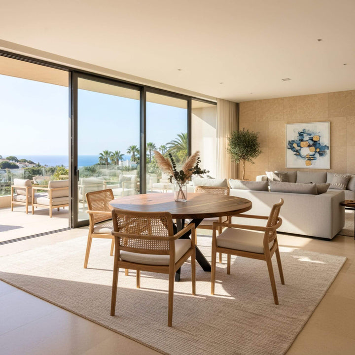 Bright dining room featuring the Gunung suar dining table overlooking the sea.