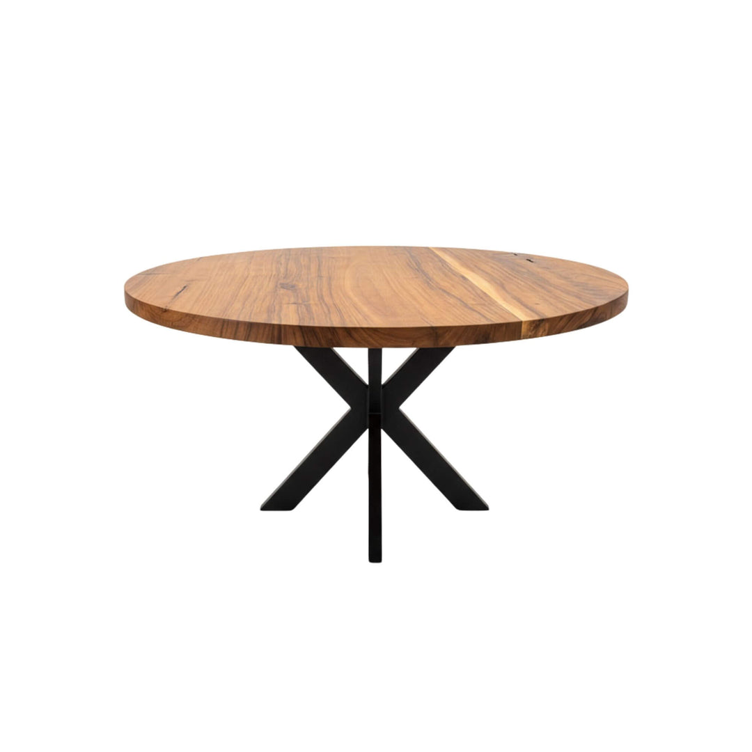 Angled view highlighting the suar wood top and black cross-leg base.