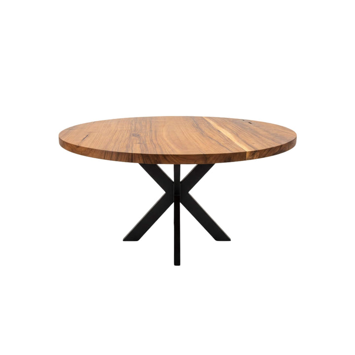 Angled view highlighting the suar wood top and black cross-leg base.