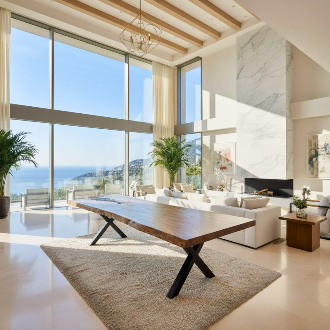 Gunung Suar Dining Table styled in a bright coastal dining room with sea view.