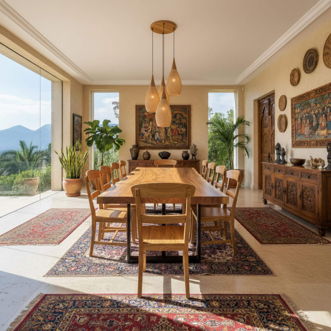 Gunung Suar table styled in a spacious dining room with natural light.