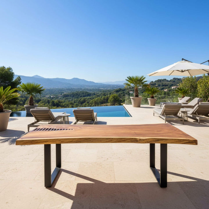 Suar wood dining table placed outdoors with mountain views.