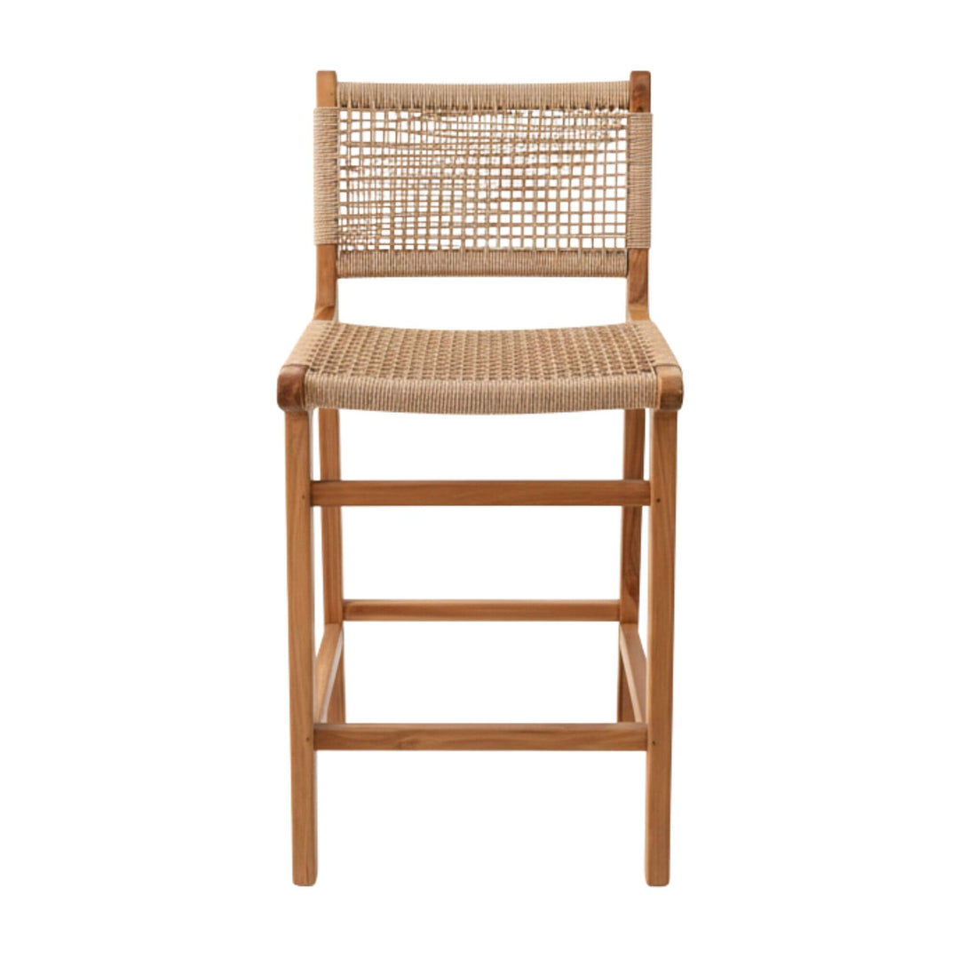 Full front profile of the woven teak bar stool.
