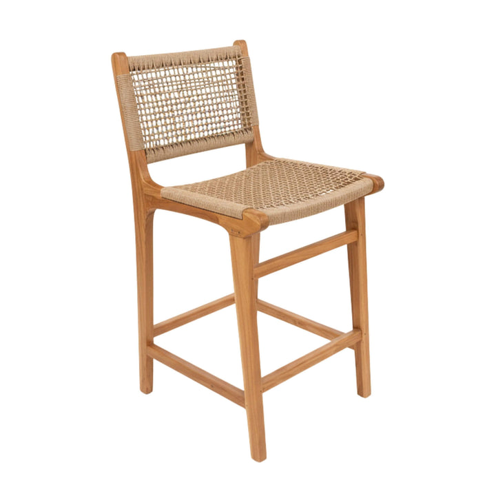 Front view of the Guraidhoo kitchen stool in teak wood with synthetic rattan.