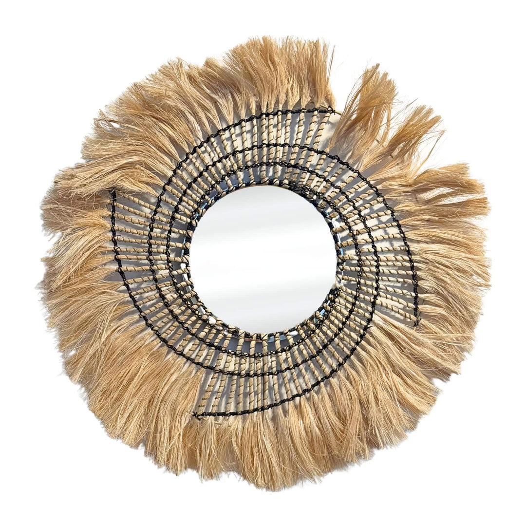 Gora Mirror round design with natural sisal and rattan frame, handmade 80cm wall décor.