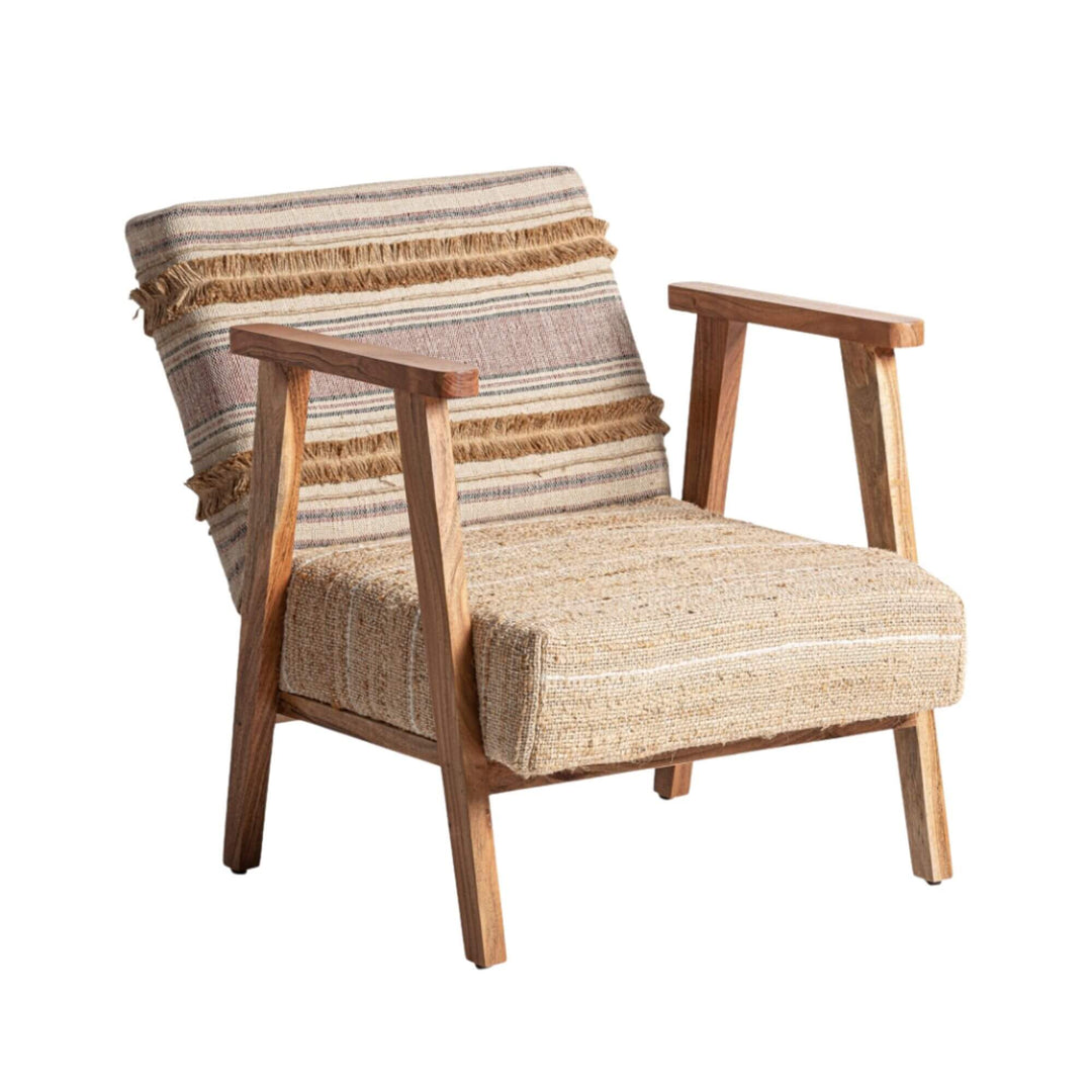 Angled view of teak wood lounge chair with striped cotton and hemp backrest
