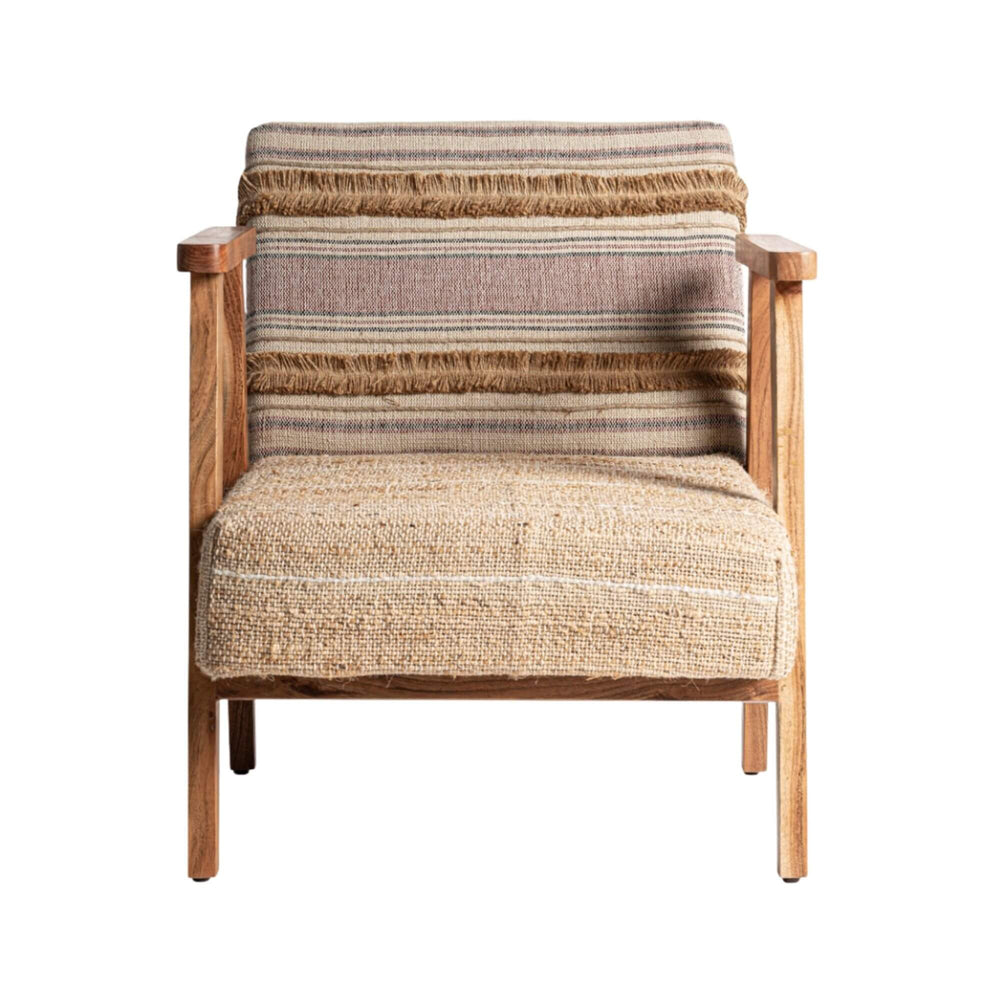 Front view of Hakra lounge chair with textured natural fabric seat