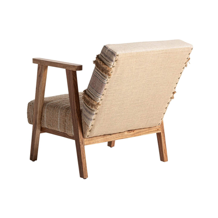 Back view of Hakra lounge chair with woven cotton and hemp upholstery