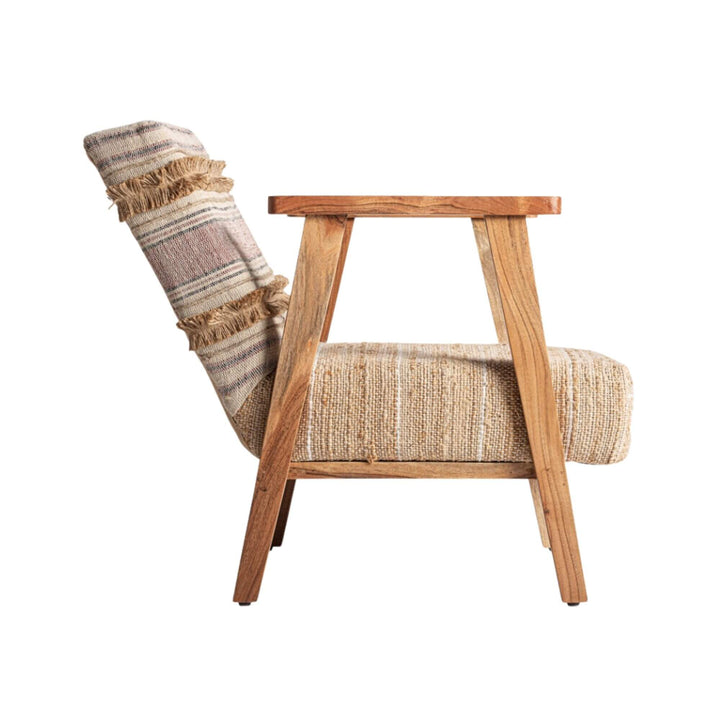 Side profile of teak wood lounge chair with angled armrests