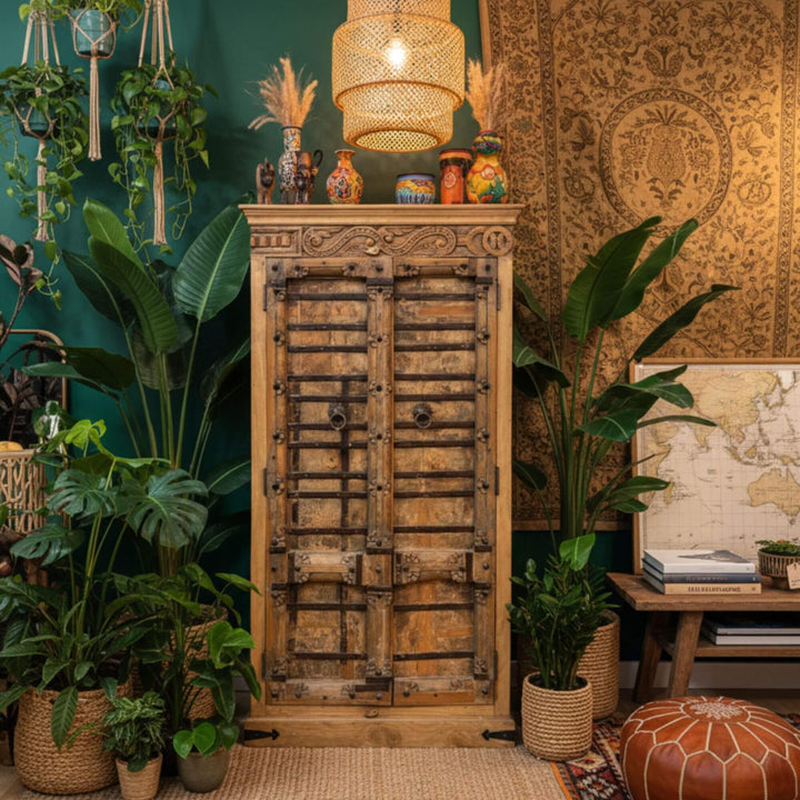 Interior scene featuring the Halfor wardrobe surrounded by greenery and decor.