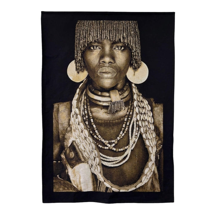 Front view of the Hamar Woman tapestry featuring tribal portrait with layered necklaces.