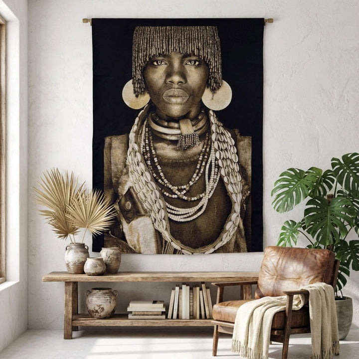 Styled interior showing the Hamar Woman tapestry as a bold wall statement.