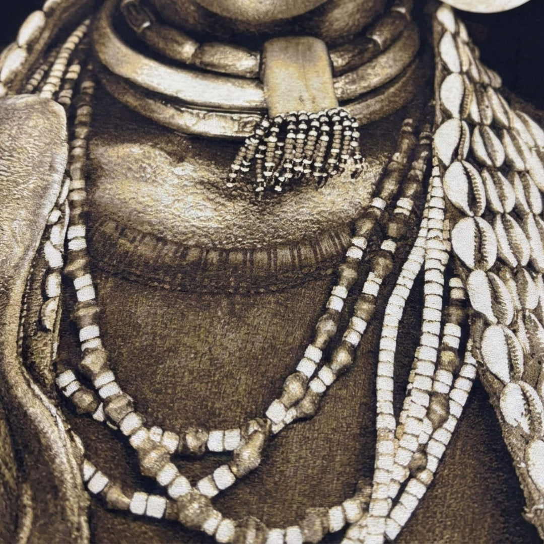 Close-up detail of the Hamar Woman tapestry highlighting textured jewelry and fabric weave.