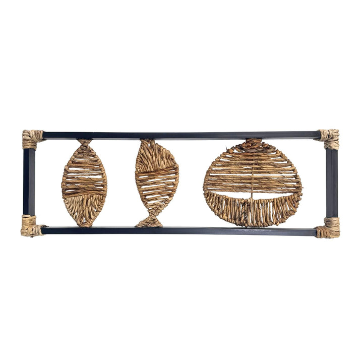 Hanagar Wall Deco with handwoven banana fiber shapes in black iron frame