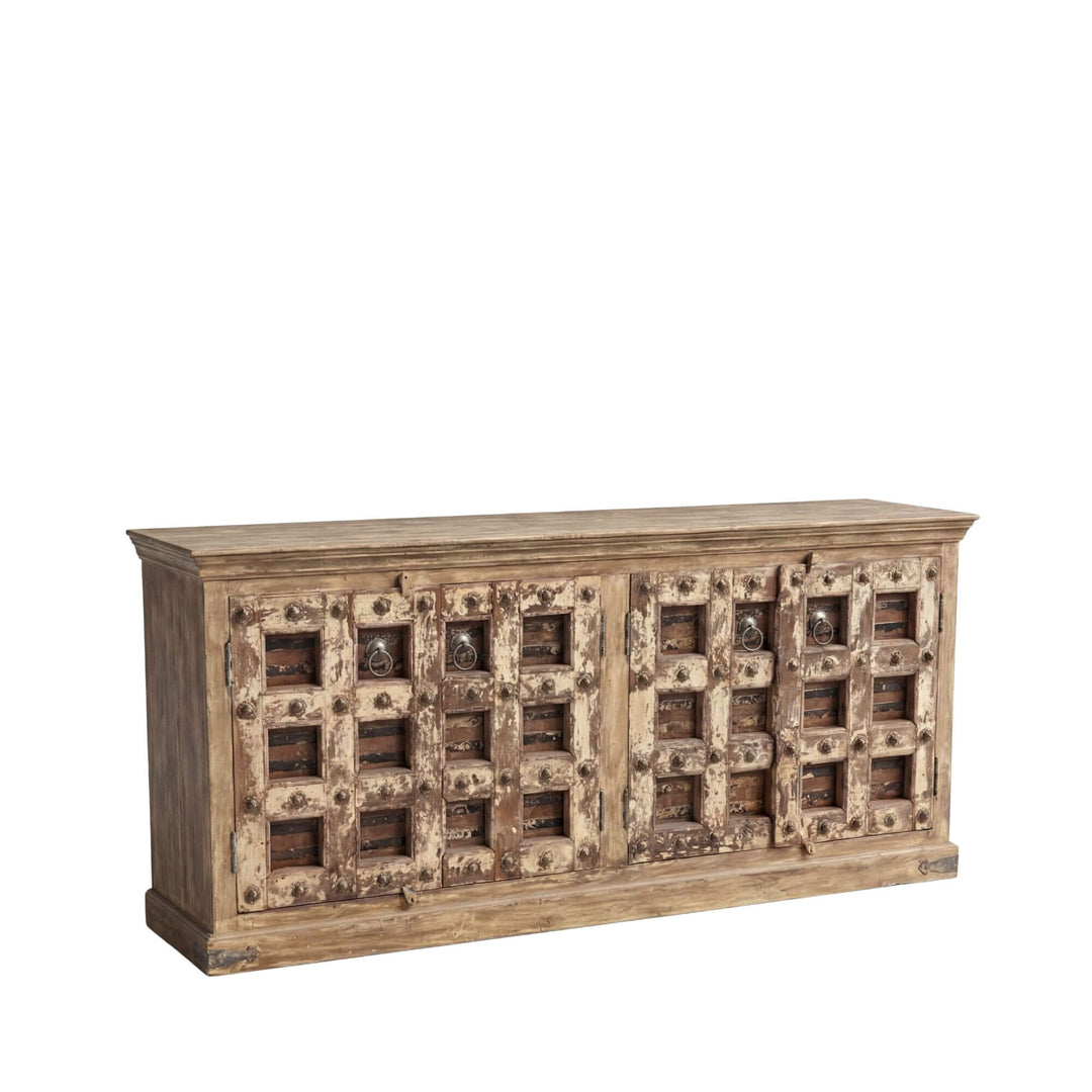 Front view of the Hanoi buffet showing its reclaimed wood construction and rustic panel-front design.