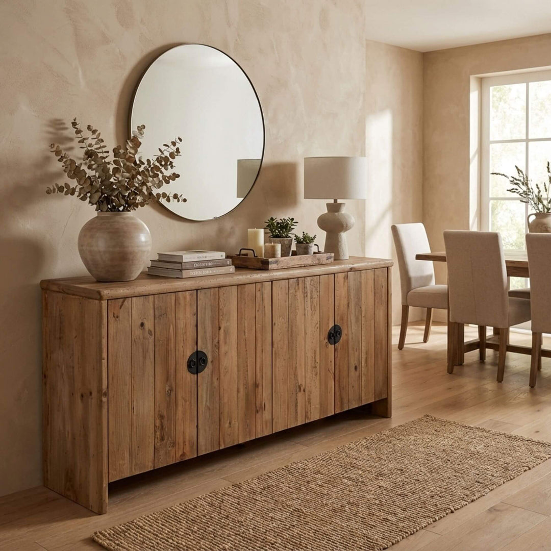 Styled interior scene featuring the Harapan pine wood sideboard used as functional storage in a dining space.