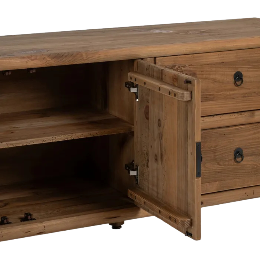 Open storage view of the Harapan buffet highlighting internal shelves and drawers.