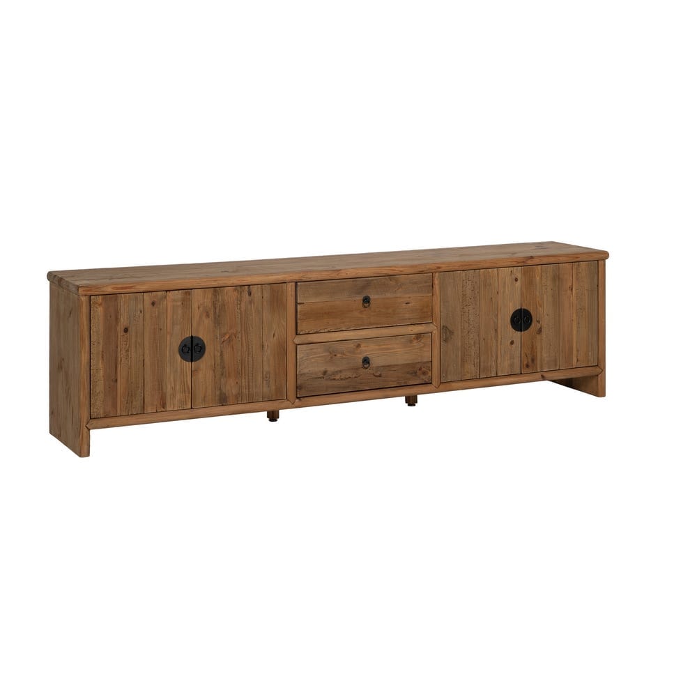 Harapan Collection TV Console in natural maple wood with drawers and metal handles.