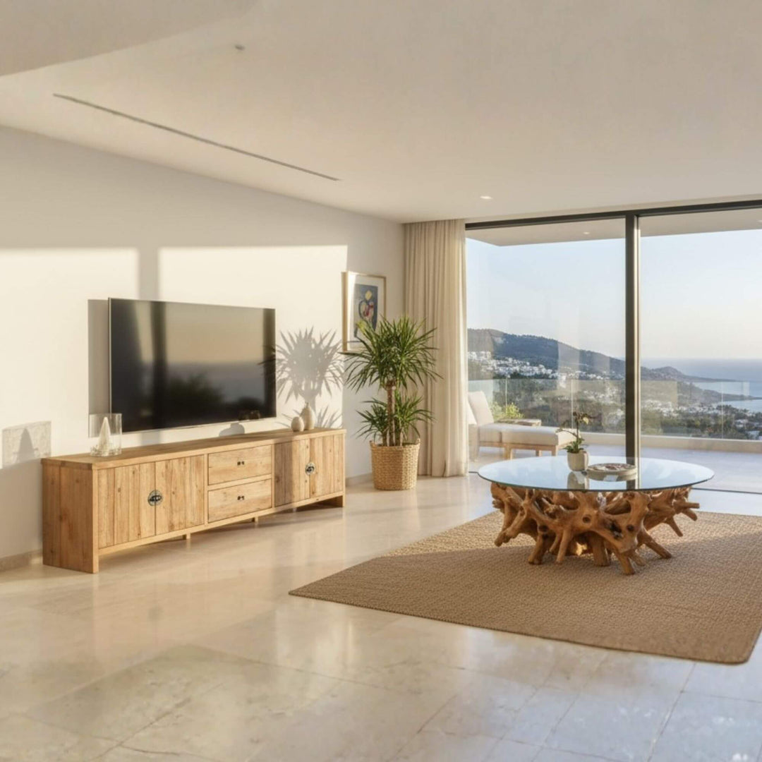 Living room setup featuring the Harapan Collection TV Console with coastal decor.