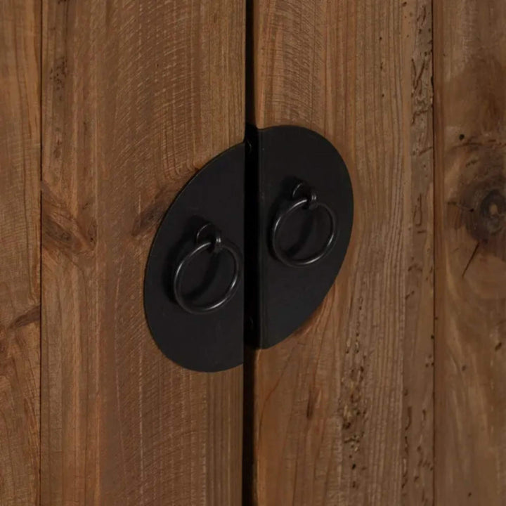 Double door cabinet with black metal ring handles