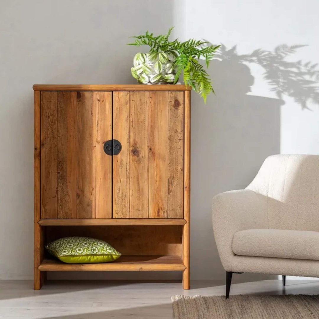 Maple wood wardrobe cabinet styled in a living room with plant decoration