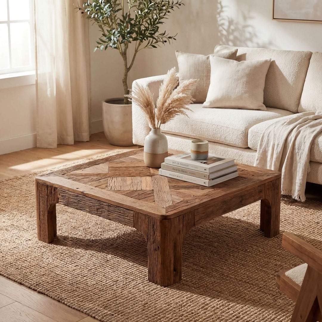 Styled interior view of Harat Coffee Table placed in a living room, highlighting its rustic square design.