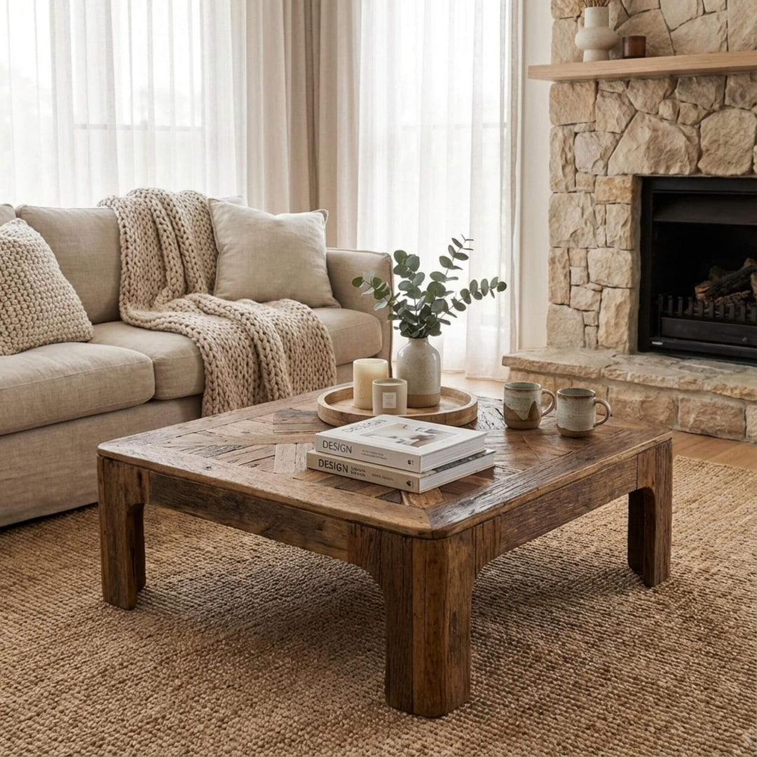 Styled interior view of Harat Coffee Table placed in a living room, highlighting its rustic square design.