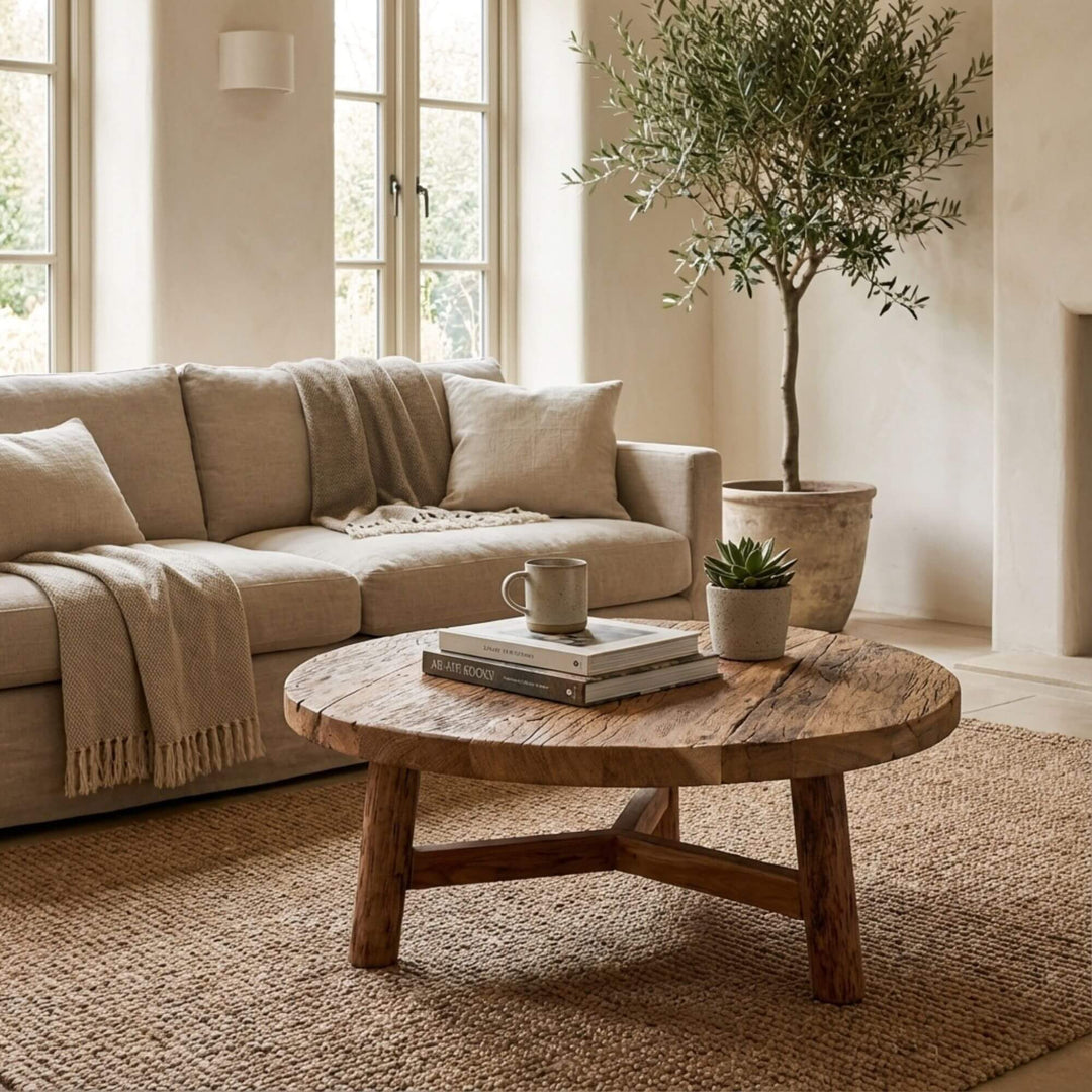 Styled interior view of Harat Round Coffee Table placed in a living room, highlighting its warm natural tones.