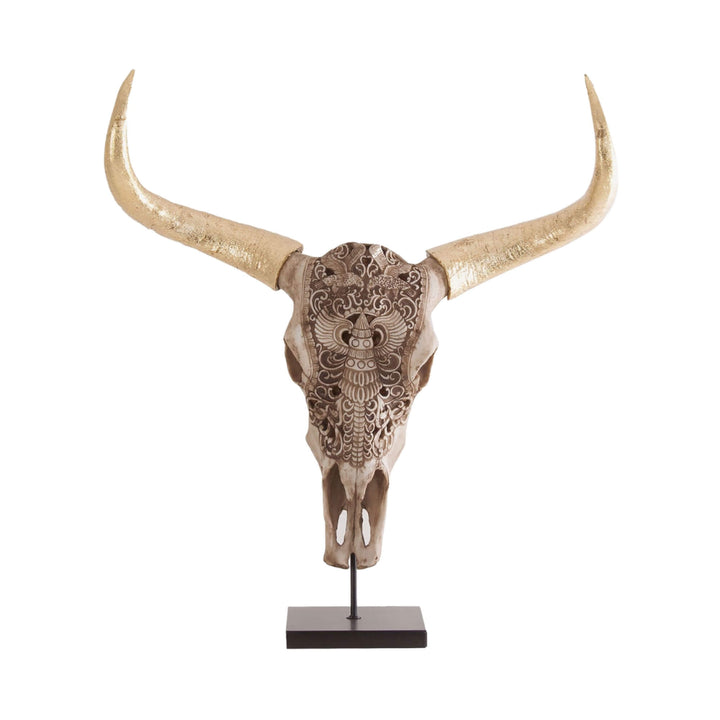 Handcrafted Harat Bull Figure with gold-painted horns and intricate carvings on resin skull.