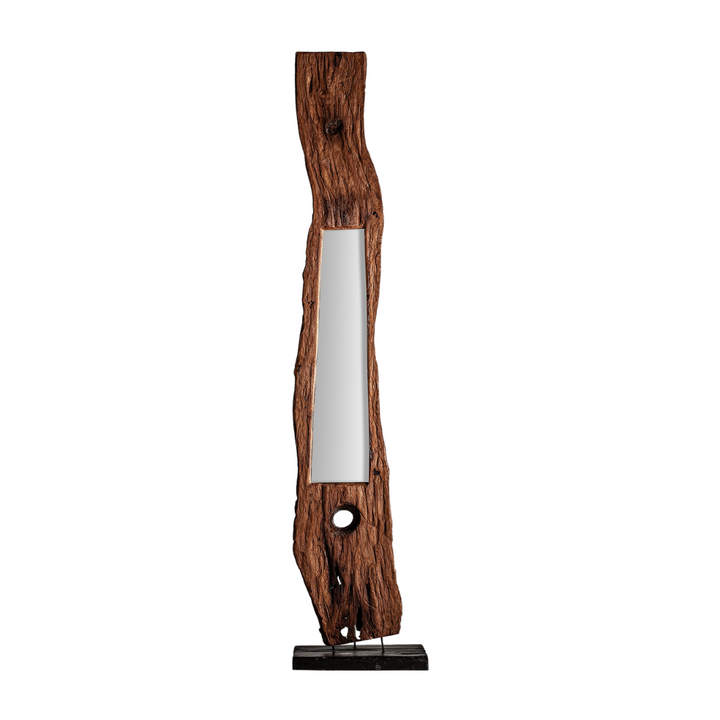 Tall floor mirror with organic teak wood frame and natural textured finish on white background.