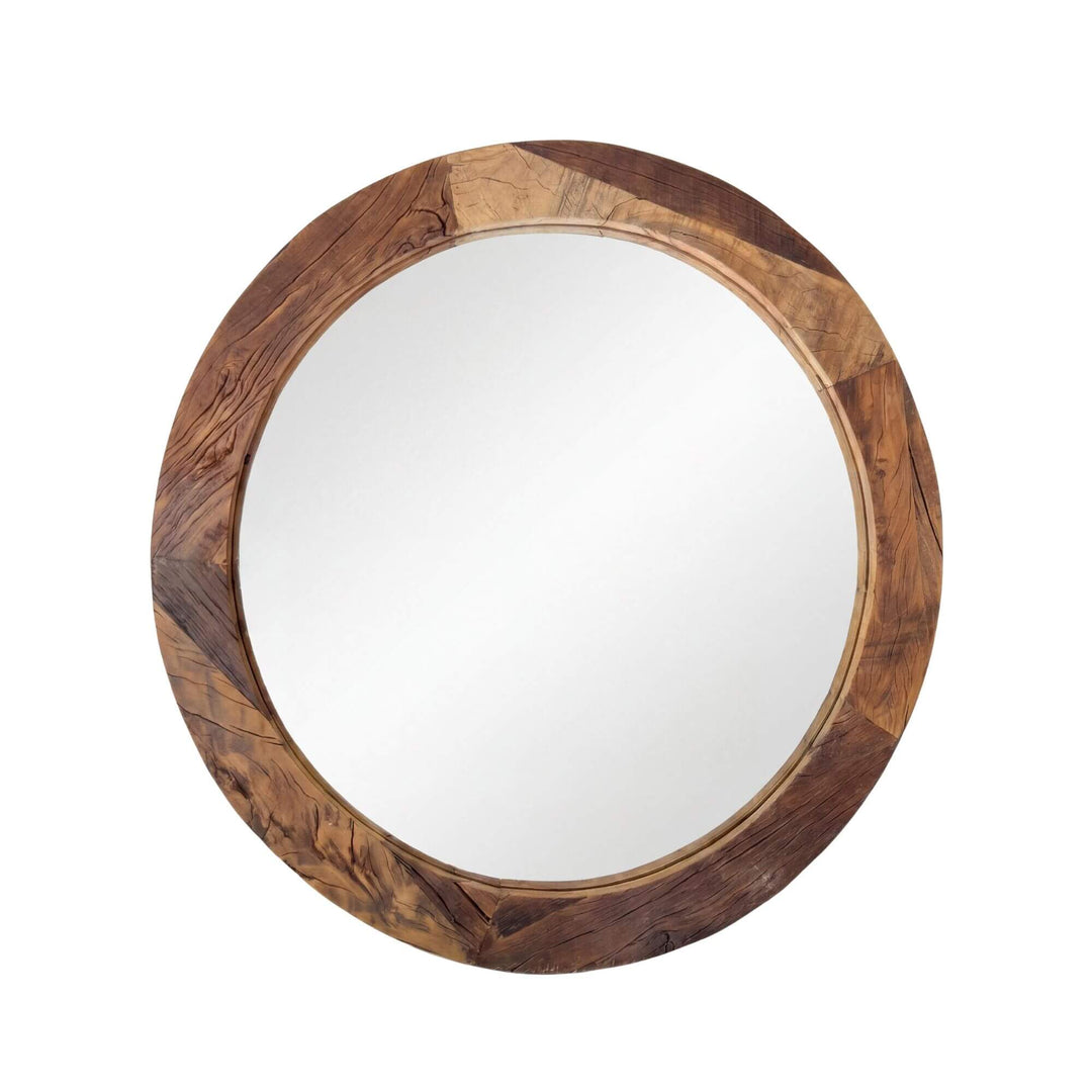 Front view of the Harat round mirror showing its circular recycled wood frame and natural grain variation.