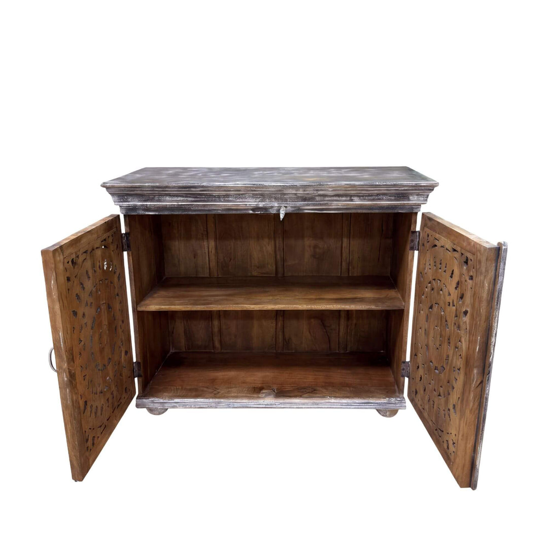 Hardiwar buffet with both doors open revealing practical interior wooden shelving