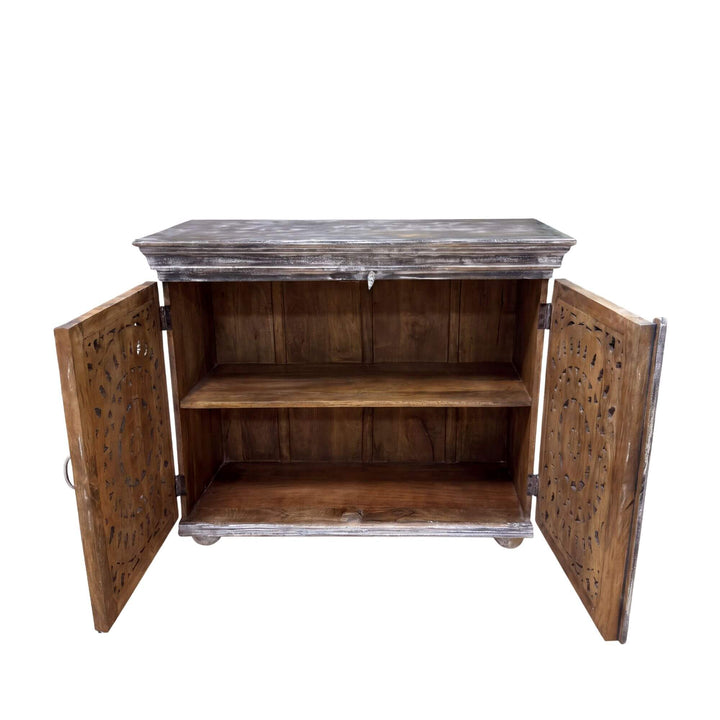 Hardiwar buffet with both doors open revealing practical interior wooden shelving