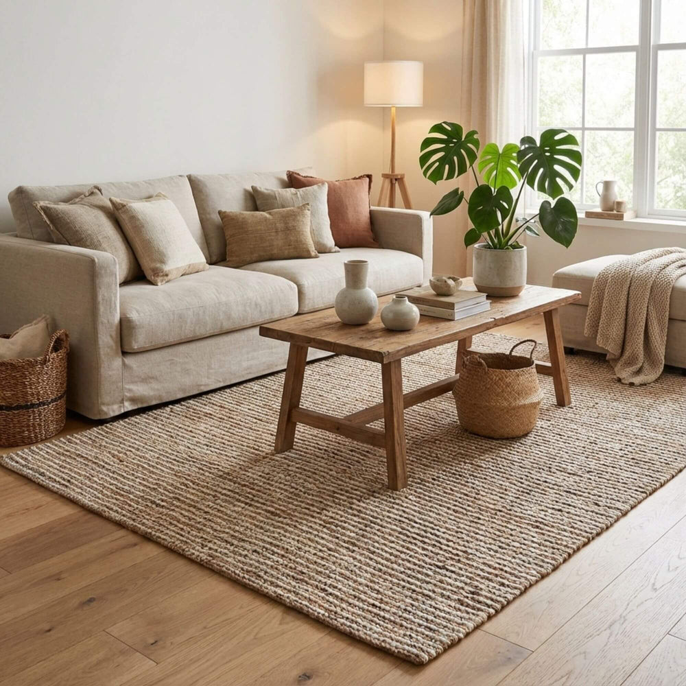 Styled interior scene featuring the Harihara Rug in a warm, contemporary living room.