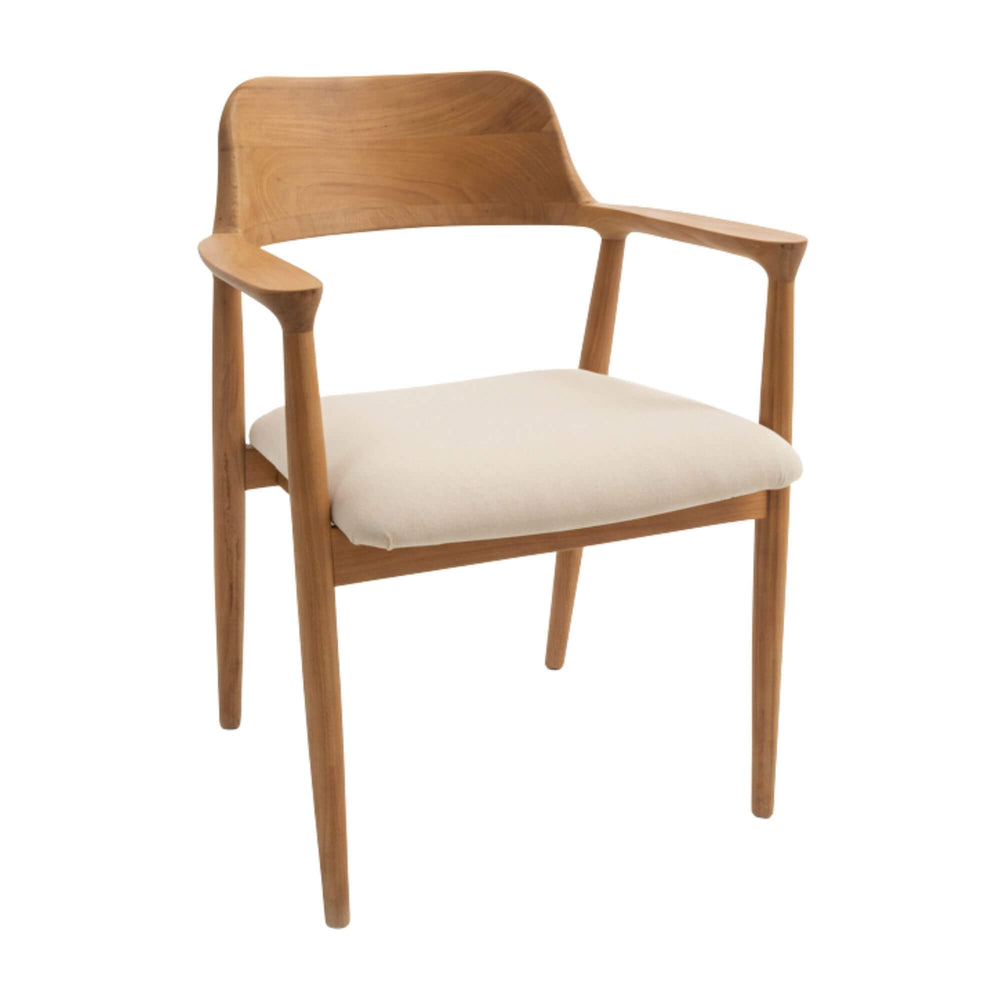 Front angle of the Haru Dining Chair showing upholstered seat and curved teak backrest.