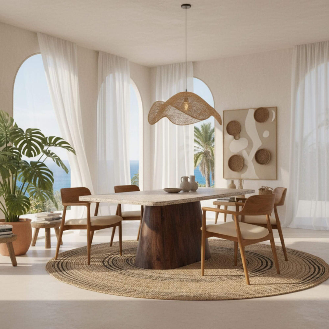 Haru chair styled in a dining room setting with natural light.