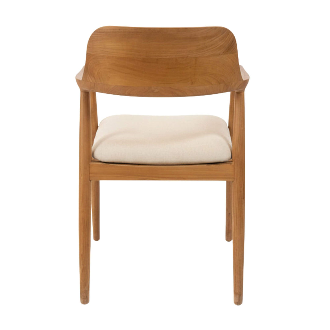 Back view of the Haru Dining Chair showing the sculpted teak arm detail.