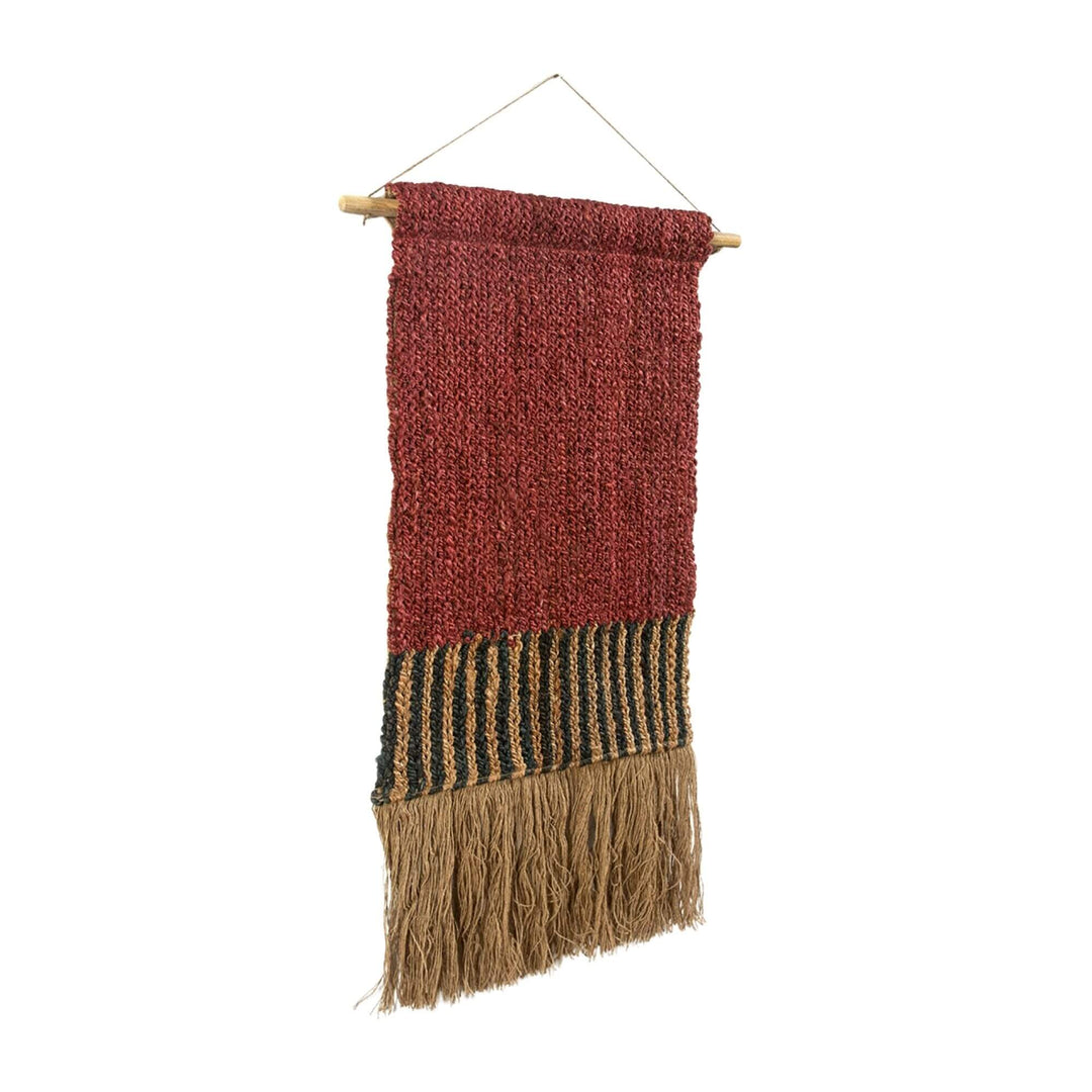 Handwoven Havar Wall Deco Curtain in red with natural fringe and wooden rod.