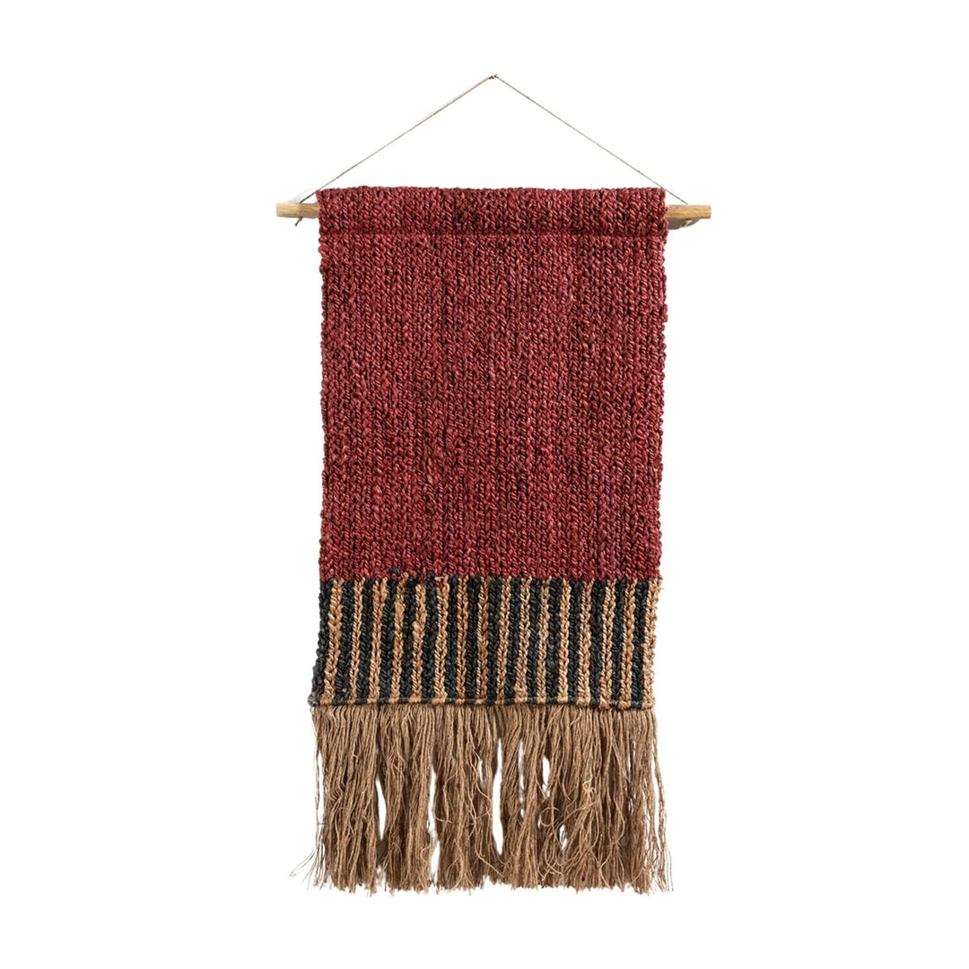 Handwoven Havar Wall Deco Curtain in red with natural fringe and wooden rod.