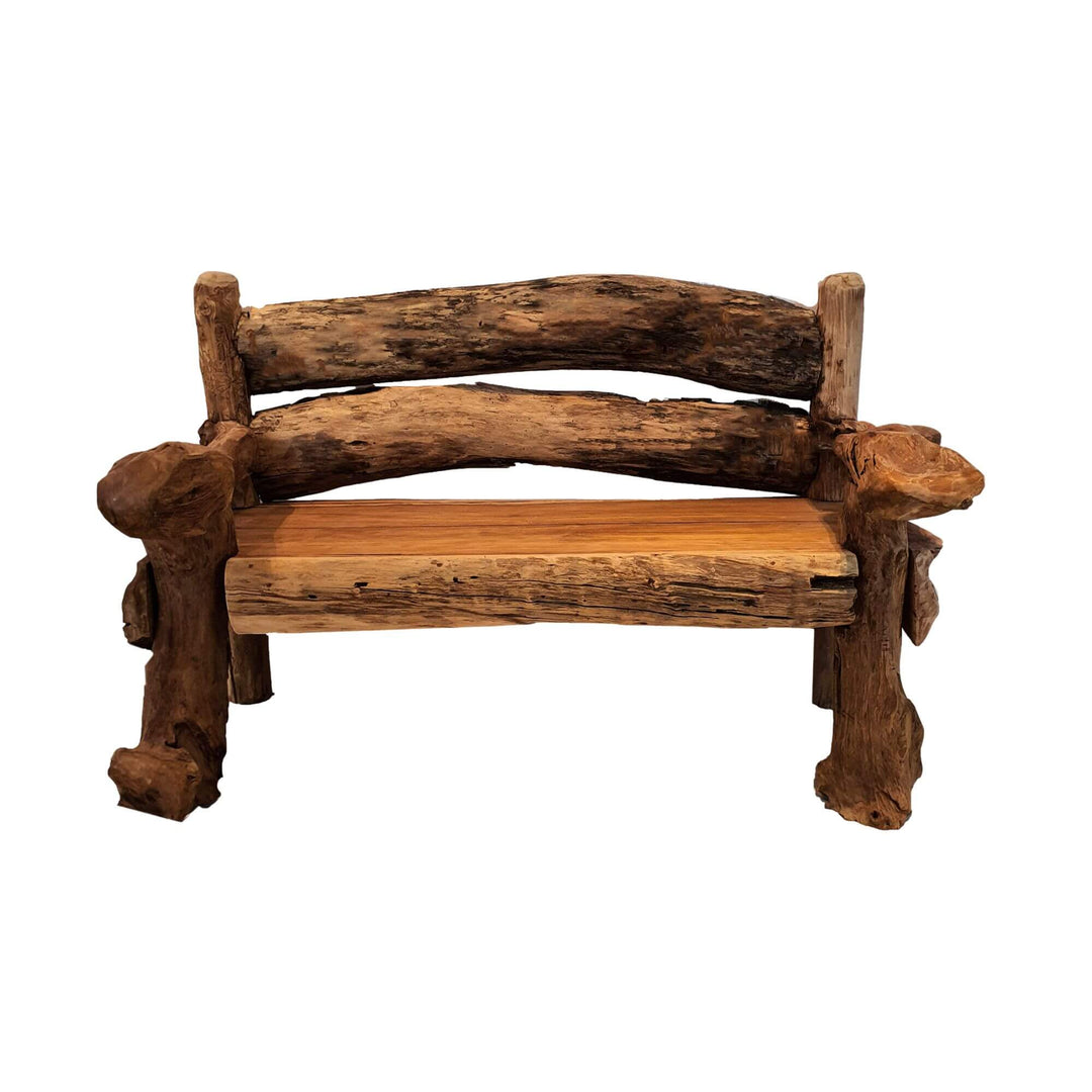 HECATE RECLAIMED TEAK WOOD BENCH with rustic design on a white background