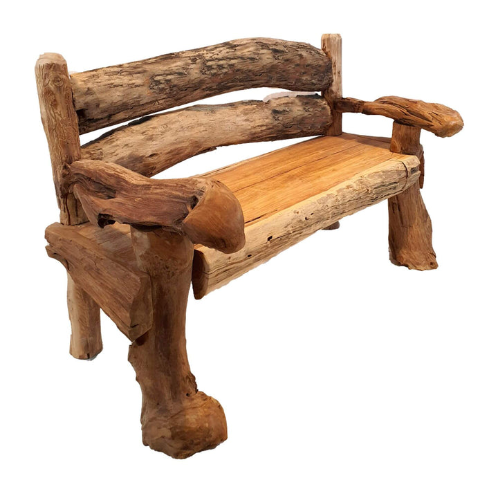 HECATE RECLAIMED TEAK WOOD BENCH made from natural logs on a white background
