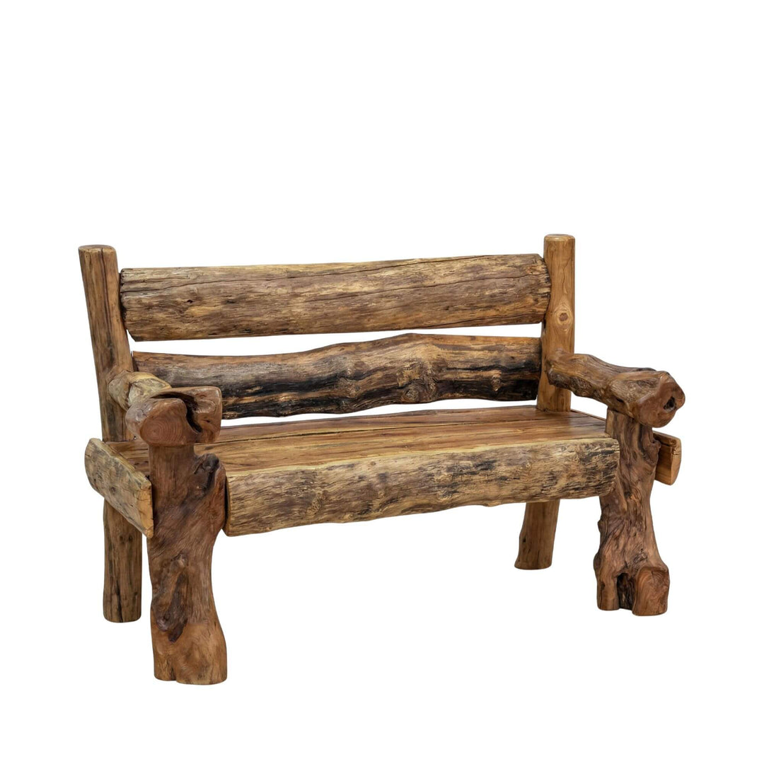 Front view of the Hecate reclaimed teak wood bench showing its rustic backrest, armrests, and solid wood seat.