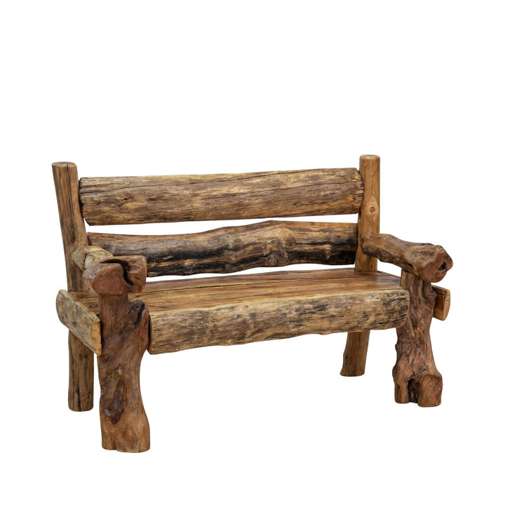 Front view of the Hecate reclaimed teak wood bench showing its rustic backrest, armrests, and solid wood seat.