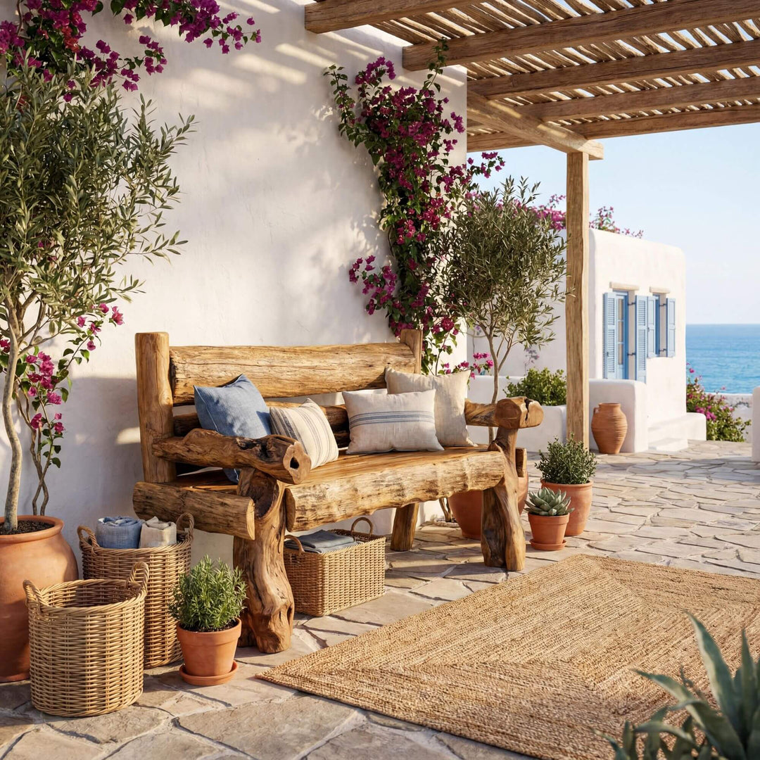 Styled terrace setting featuring the Hecate bench in a warm Mediterranean outdoor space.