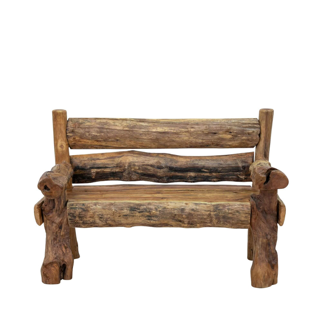Front view of the bench highlighting its handcrafted reclaimed teak frame and natural irregular lines.
