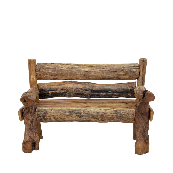 Front view of the bench highlighting its handcrafted reclaimed teak frame and natural irregular lines.